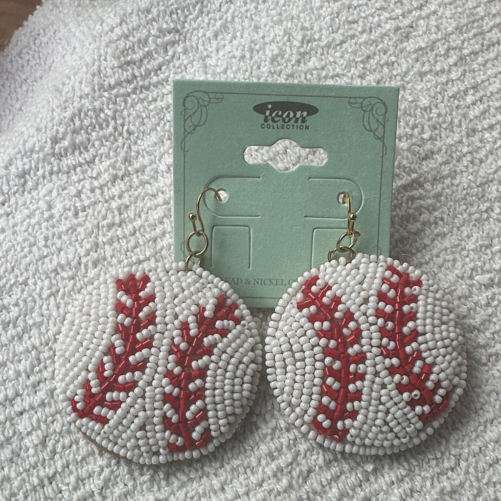 Ic Collection Baseball Beaded Earrings - Red And White